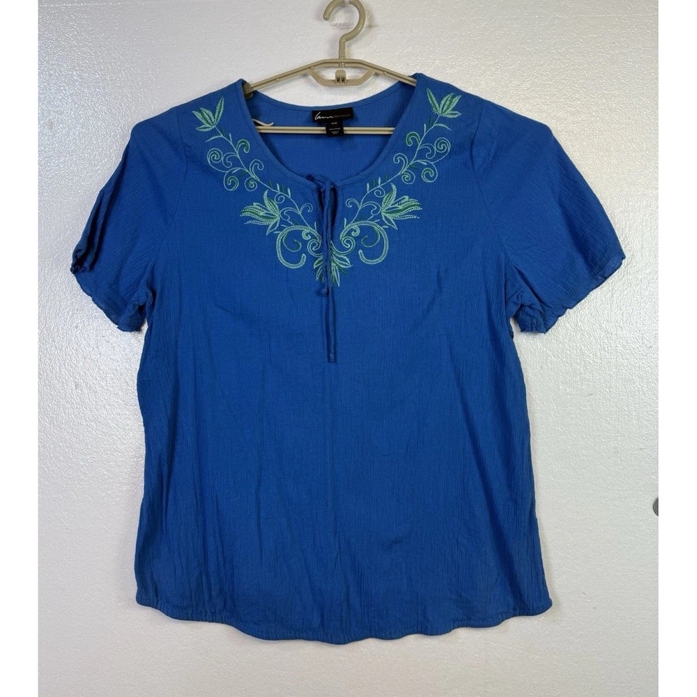 Lane Bryant Womens 18/20 Blouse Top Blue Cotton Short Sleeve Embroidered Peasant